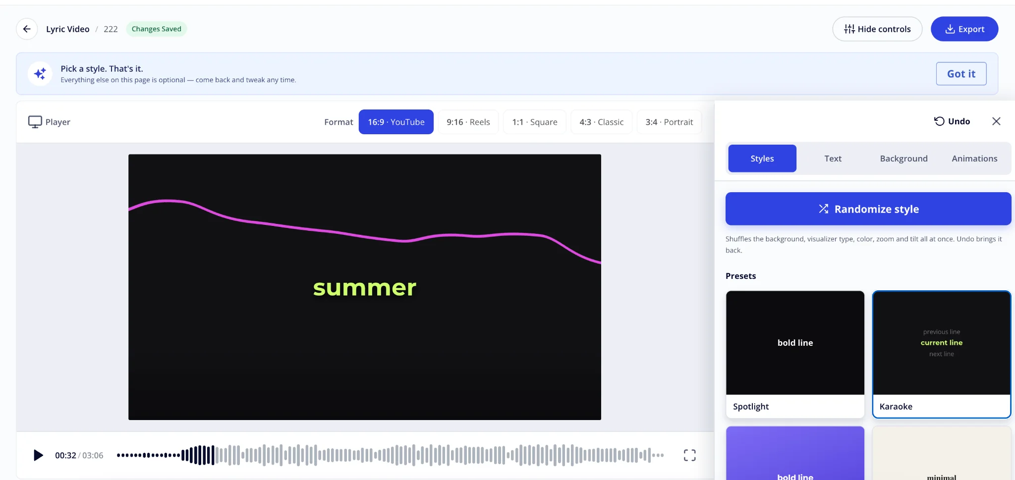 Lutely lyric video editor showing text, background, and animation controls